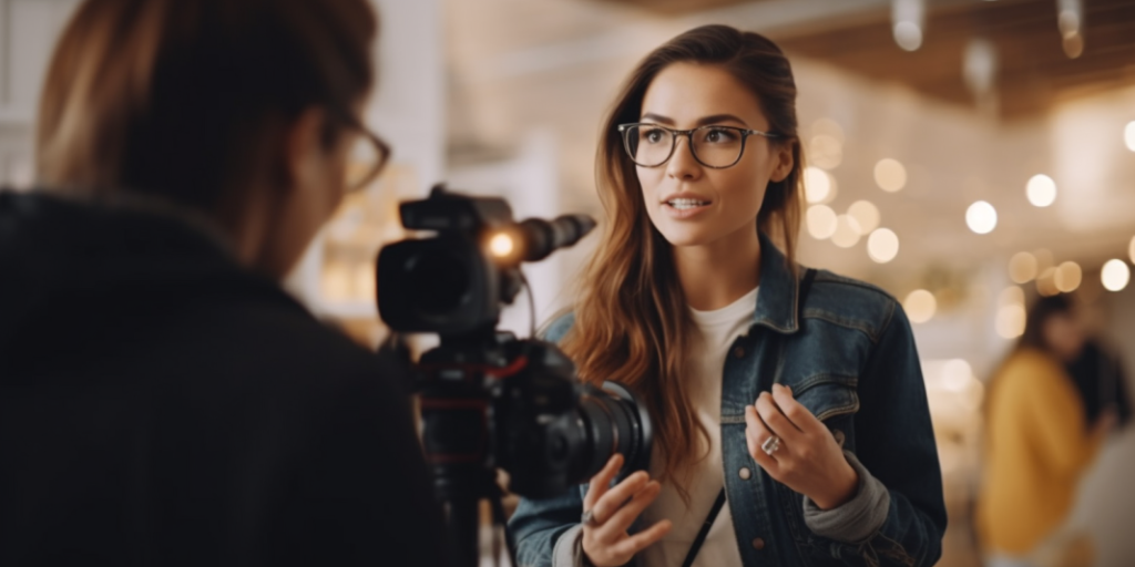 A woman having a discussion with a photographer inside a studio.