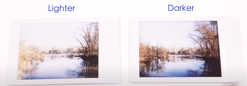 two pictures of the same landscape with a lake and trees