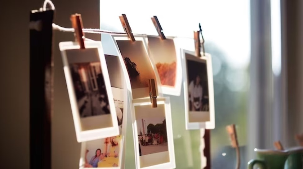 Polaroid pictures hanging together near the window